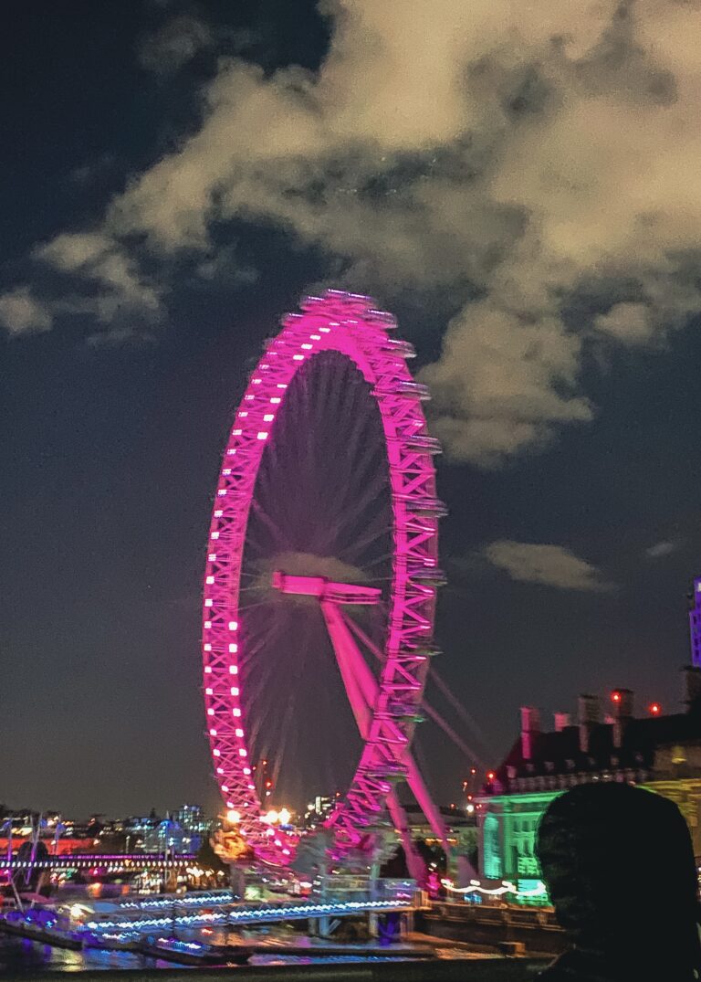 London Eye bei Nacht in pinker Farbe